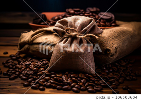 Coffee bag wrapped in coffee beans, Generative Ai 106503604