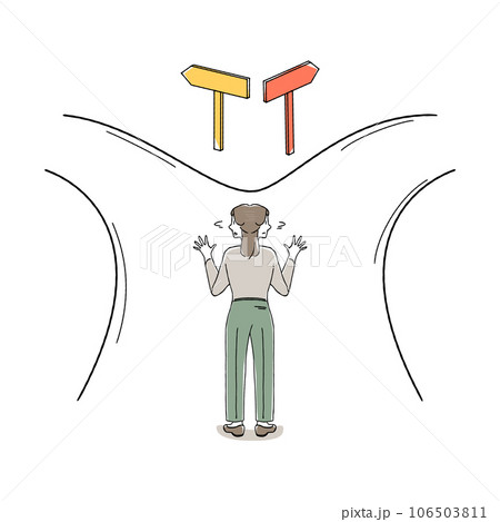 分かれ道で進路を考える女性のイラスト 106503811