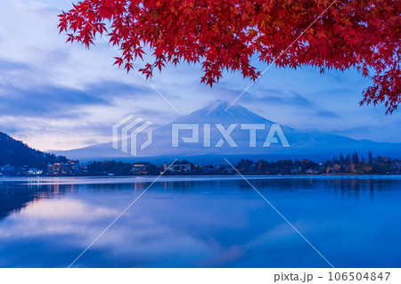 （山梨県）河口湖畔の紅葉と富士山　夜明け 106504847