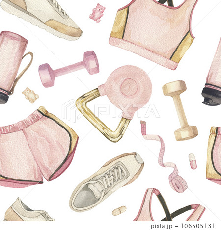 Watercolor illustration of gym, yoga or pilates female set including mat, weight, top, sneakers. Seamless pattern Watercolor illustration of gym, yoga or pilates female set including mat, weight, top, sneakers. Seamless pattern 106505131