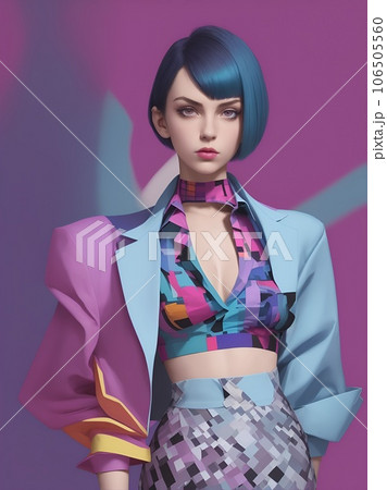 前衛的でモダンなファッションを着たお洒落なモデル風の女性 前衛的でモダンなファッションを着たお洒落なモデル風の女性 106505560
