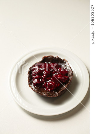 chocolate dessert with lingonberry jam on a white plate chocolate dessert with lingonberry jam on a white plate 106505927