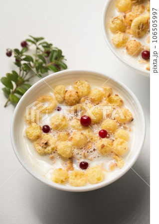 Breakfast with granola, berries and milk in small bowls on a white background 106505997