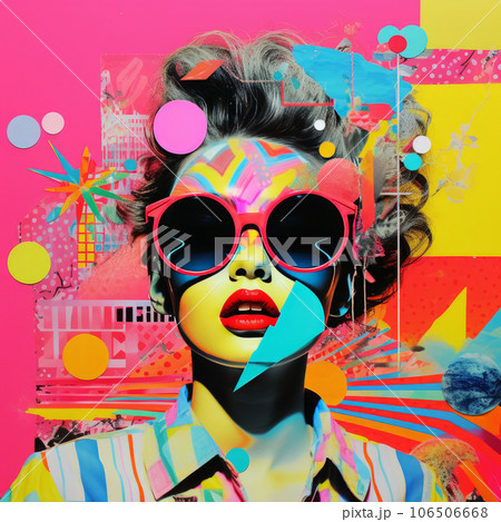 80s style pop collage illustration, fashion model with sunglasses, against vibrant pattern. Fashion, pop art, retro summer travel poster. Generative AI 106506668