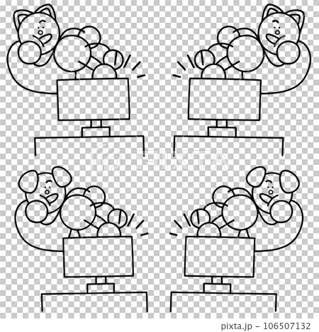 Line drawing set of dog and cat relaxing while watching TV - dog and cat Line drawing set of dog and cat relaxing while watching TV - dog and cat 106507132