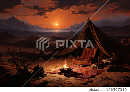 Oriental rug with canopy campfire. Traveling and adventure. generative AI 106507319