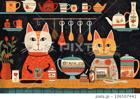 Couple of married cats, wearing clothes, in a family portrait at home. 2 animals in a cozy decorated kitchen 106507442