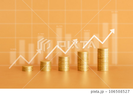 Stack of money coin on wood office desk and yellow background with graph, chart and up arrow. Business and financial background concept. 106508527