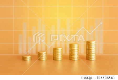 Stack of golden money coin on wood office desk and yellow background with graph and chart. Business and financial background concept. 106508561