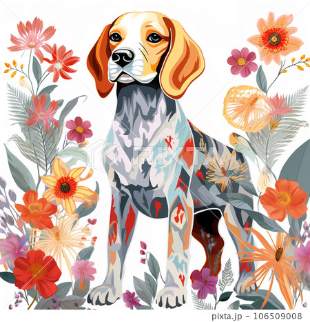 Pattern design using Beagle Dog and flowers and leaves. Pet. Illustration, Generative AI. 106509008