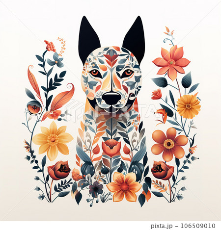 Image of pattern design using bull terrier dog and flowers and leaves. Pet. Animals. Illustration, Generative AI. 106509010