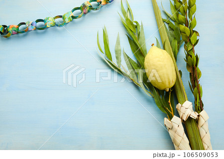 Jewish festival of Sukkot. Sukkot traditional symbols. Four species etrog, lulav, willow and myrtle. 106509053