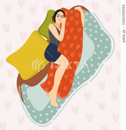 Dakimatura. Sleeping woman hugging pillow. Comfortable sleep concept. Vector illustration. Dakimatura. Sleeping woman hugging pillow. Comfortable sleep concept. Vector illustration. 106509084