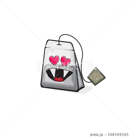 Tea bag character. Cartoon tea bag isolated on white background. Funky paper tea bag character with eyes and mouth. Vector white teabag clip art, emoji, label and sticker 106509165