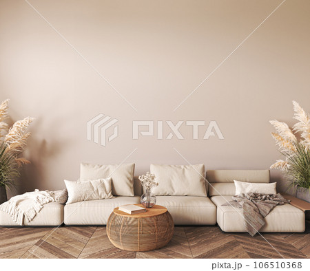Japanese boho beige interior with lounge sofa, dry flower in vase and plant background. Light modern australian livingroom. 3d rendering mockup. High quality 3d illustration 106510368