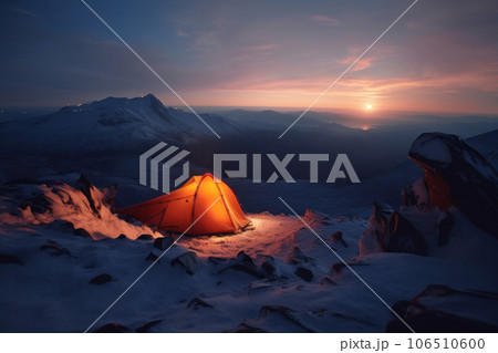 A tent pitched in the snow under a starry sky a magical winter camping experience. AI Generative 106510600