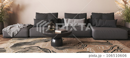 Japanese beige interior with dark grey sofa and dry plant. Light nature scandi livingroom. Horizontal banner panoramic background. 3d rendering. High quality 3d illustration 106510606