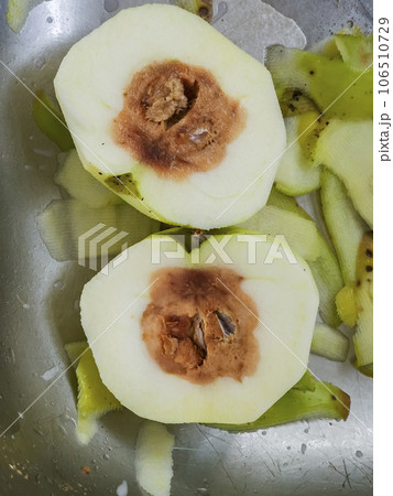 Apple that is rotten in the middle in sink Apple that is rotten in the middle in sink 106510729