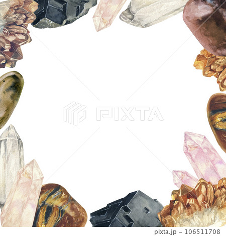 Watercolor crystal illustration hand draw gems composition for different design for card, tattoo, invitation, greeting, letter, poster, cover, logo. Citrine quartz tiger eye and onyx 106511708