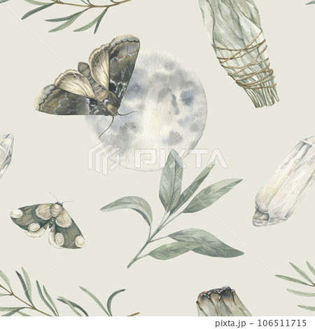 Watercolor moths sage crystal vintage illustration background. Design for card, fabric, print, greeting, cloth, poster, clothes, textile. Hand drawn seamless pattern 106511715