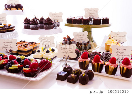 Dessert bar with assorted chocolate sweets. 106513019