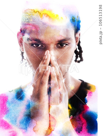 A paintography portrait of a man with palms at his face on white background 106513198