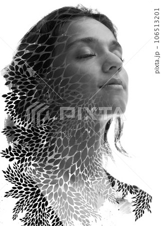 A desaturated paintography portrait of a young woman against white background A desaturated paintography portrait of a young woman against white background 106513201