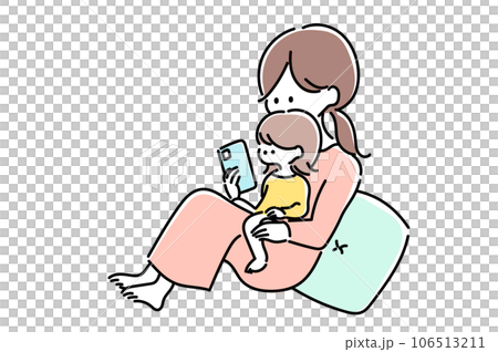 子どもを抱っこして一緒にスマホを見る女性のイラスト 106513211