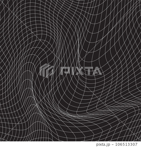 Distorted white grid on black background. Waved mesh texture. . Vector illustration 106513307