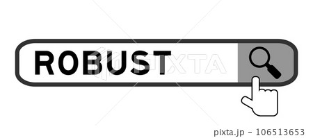 Search banner in word robust with hand over magnifier icon on white background 106513653