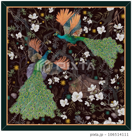 Model of a headscarf with peacocks and flowers. Mixed media watercolor and digital. For scarf printing Model of a headscarf with peacocks and flowers. Mixed media watercolor and digital. For scarf printing 106514111