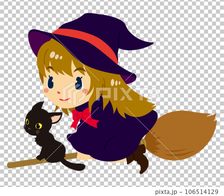 Happy Halloween ほうきに乗り移動中の黒猫と可愛い魔女のイラスト素材