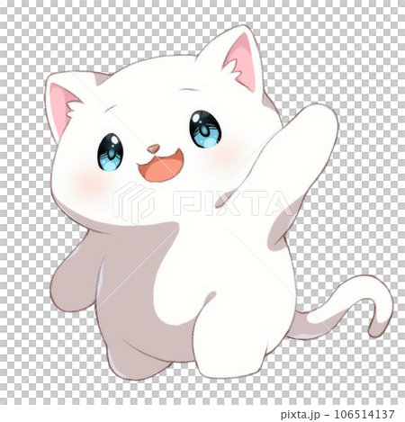 イラスト原画　ふんわりとした手触りが伝わる　「白猫」 片手を挙げている白猫のイラスト素材 [106514137] - PIXTA