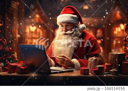 Santa Claus sits in the warehouse of his factory in front of laptop monitor. Santa Claus sits in the warehouse of his factory in front of laptop monitor. 106514550