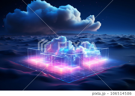 Cloud Data Base Technology concept with blue and pink glowing neon structures on dark background 106514586