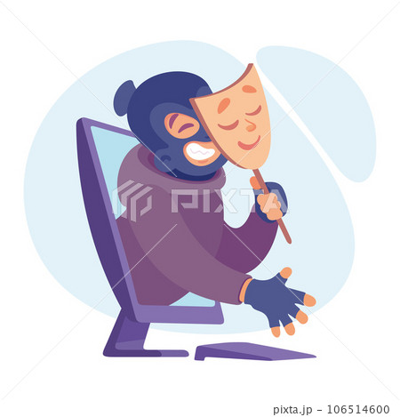 Cyber Swindler Man in Mask Look from Computer Screen Hacking Internet Steal Money Vector Illustration Cyber Swindler Man in Mask Look from Computer Screen Hacking Internet Steal Money Vector Illustration 106514600