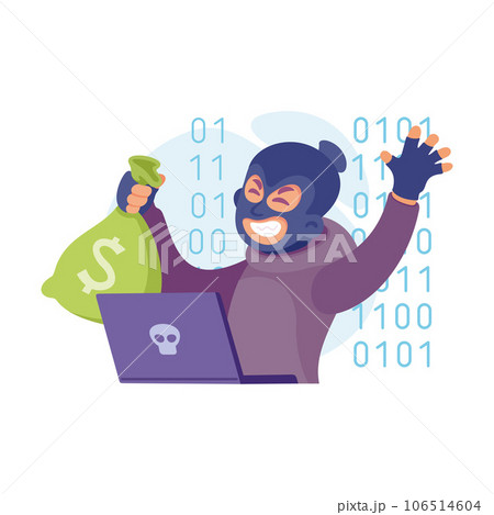 Cyber Swindler Man in Mask at Laptop with Sack...のイラスト素材 [106514604