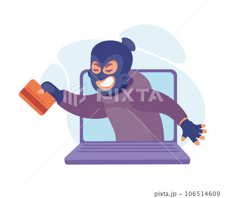 Cyber Swindler Man in Mask Look from Laptop Screen with Card Hacking Internet Steal Money Vector Illustration Cyber Swindler Man in Mask Look from Laptop Screen with Card Hacking Internet Steal Money Vector Illustration 106514609