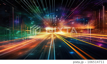 Digital data flow road. Cyber global communication. Speed information transfer. Neon Fluorescent Lights Background 106514711