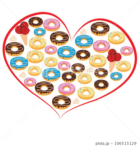 Doughnuts and icecream arranged in red heart shape 106515129