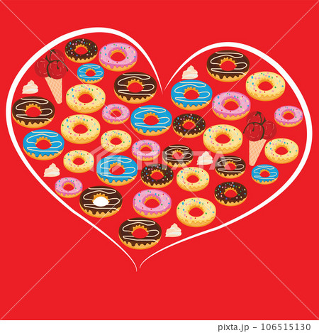 Doughnuts and ice cream arranged in white heart shape Doughnuts and ice cream arranged in white heart shape 106515130