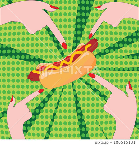 Hands pointing a hot dog with green pop art background Hands pointing a hot dog with green pop art background 106515131