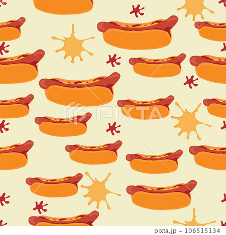Seamless hot dog pattern with spots of mustard and ketchup 106515134