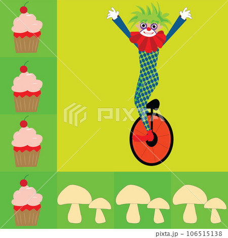 Background for table napkins with clown on monocycle cookie and mushrooms 106515138
