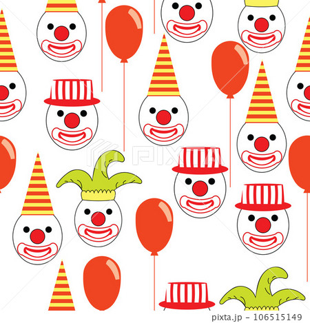 Seamless pattern with round clown faces with hats and baloons 106515149