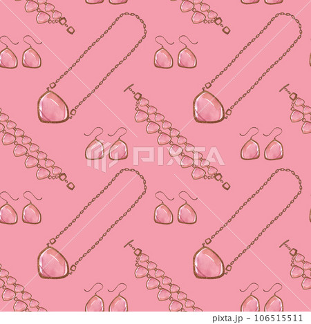 Women's jewelry with precious stones and chains: earrings, pendants, necklaces, bracelets. Seamless pattern. Watercolor illustration for fabric, wallpaper and wrapping paper. Women's jewelry with precious stones and chains: earrings, pendants, necklaces, bracelets. Seamless pattern. Watercolor illustration for fabric, wallpaper and wrapping paper. 106515511