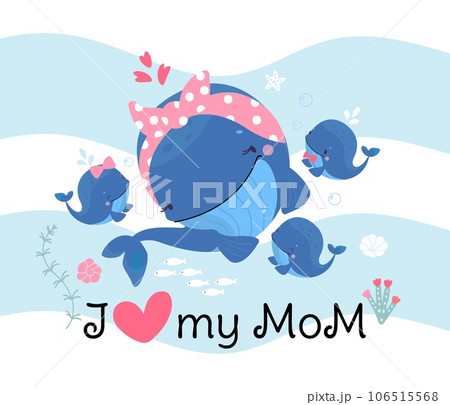 Mother day poster with cute whale mom and funny little babies whales. Childish love, decorative underwater cartoon characters nowaday vector print 106515568