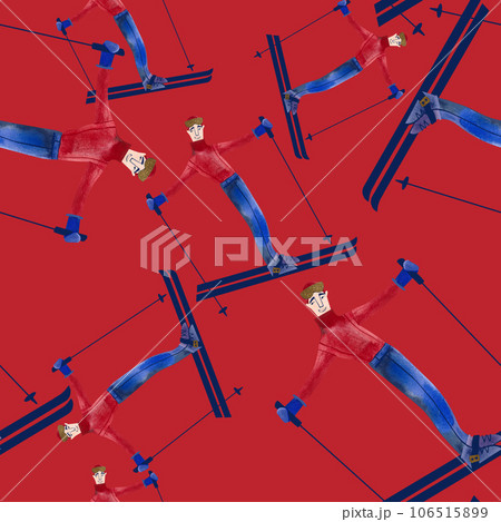 Watercolor seamless patern with skiers. Winter textile. Sport costume. Wrapping paper for ski resort souvenirs. Red background Watercolor seamless patern with skiers. Winter textile. Sport costume. Wrapping paper for ski resort souvenirs. Red background 106515899