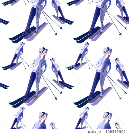 Watercolor seamless patern with skiers. Winter textile. Sport costume. Wrapping paper for ski resort souvenirs. White background 106515903