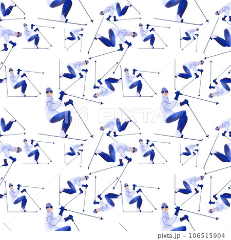 Watercolor seamless patern with skiers. Winter textile. Sport costume. Wrapping paper for ski resort souvenirs. White background 106515904
